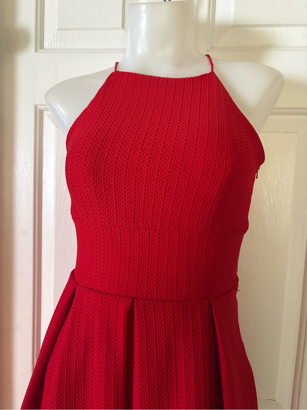 TWIK Simons Red Ribbed Halter Skater Dress Pleated Cutout Hem Sz XS - Picture 4 of 13